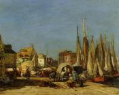 尤金 布丹 : Honfleur, the Quarantine Dock and the Cattle Market